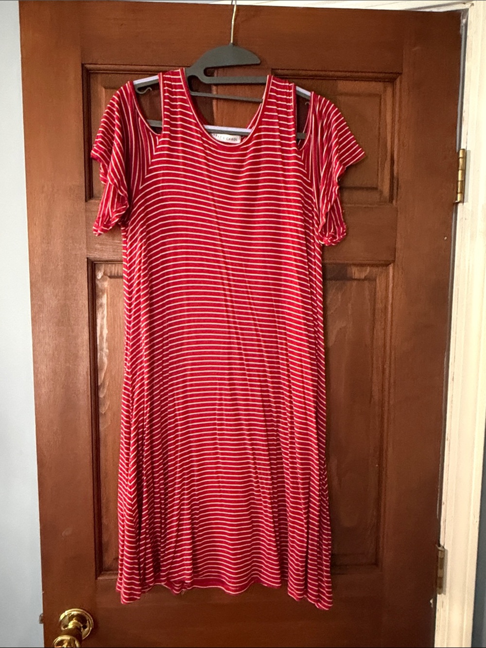 Chris & Carol Red and White Striped Cold-Shoulder Midi Dress
